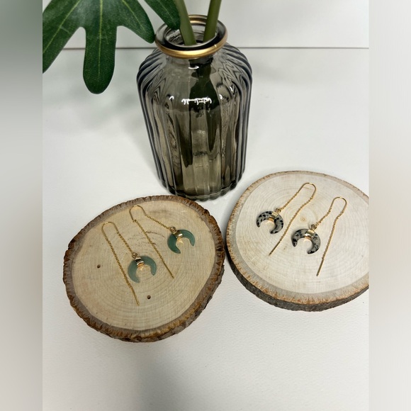 Long Tassel Chain with Moon Horn Natural Stone Pendant- Boho Edgy Earrings - Picture 7 of 16